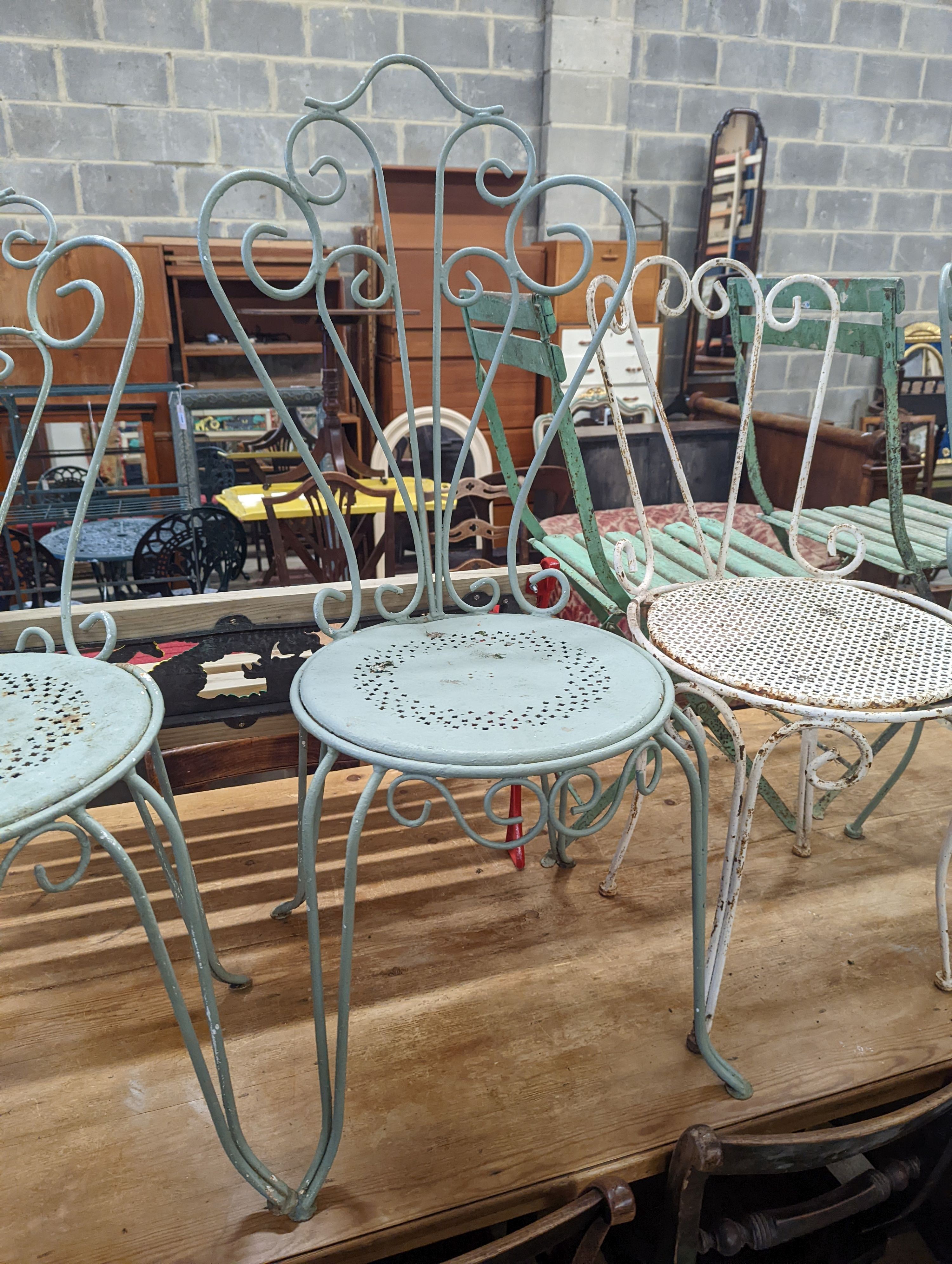 Six painted metal garden chairs